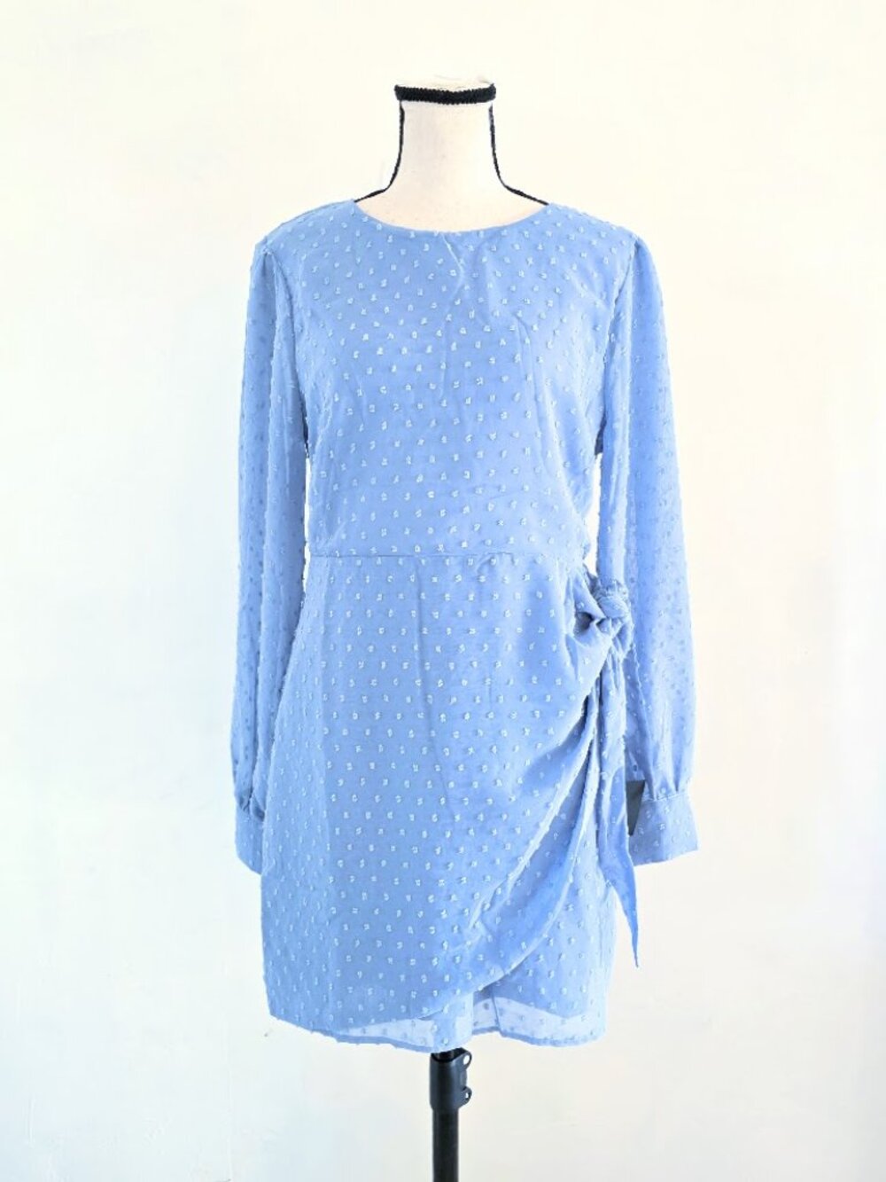 NWT Lulus Much Love Light Blue Swiss Dot Tie Front Long Sleeve Mini Dress M